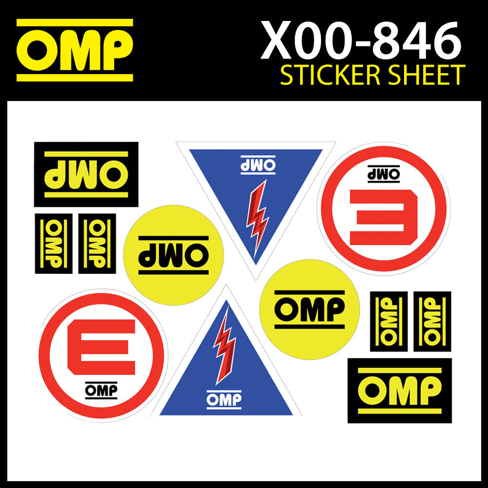 X/846 Planche de stickers assortis OMP Motorsport pour voitures de course et de rallye (10 autocollants)