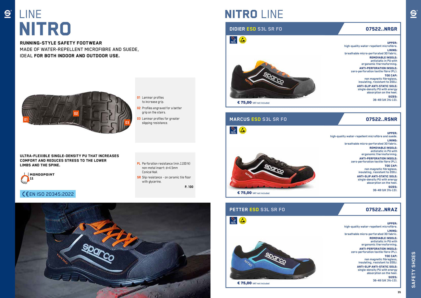 07522 Sparco Nitro S3L ESD Safety Shoes Lightweight, Water-Repellent, Anti-Static, Slip-Resistant Work Footwear with PU Sole & Fiberglass Toe Cap
