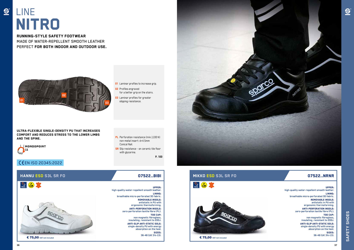 07522 Sparco Nitro S3L ESD Safety Shoes Lightweight, Water-Repellent, Anti-Static, Slip-Resistant Work Footwear with PU Sole & Fiberglass Toe Cap