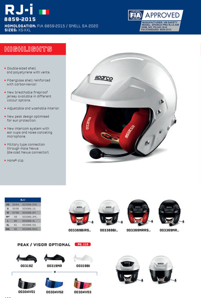 003369 Sparco RJ-I Open Face Rally Helmet with Intercom Boom FIA SNELL XS-XXL