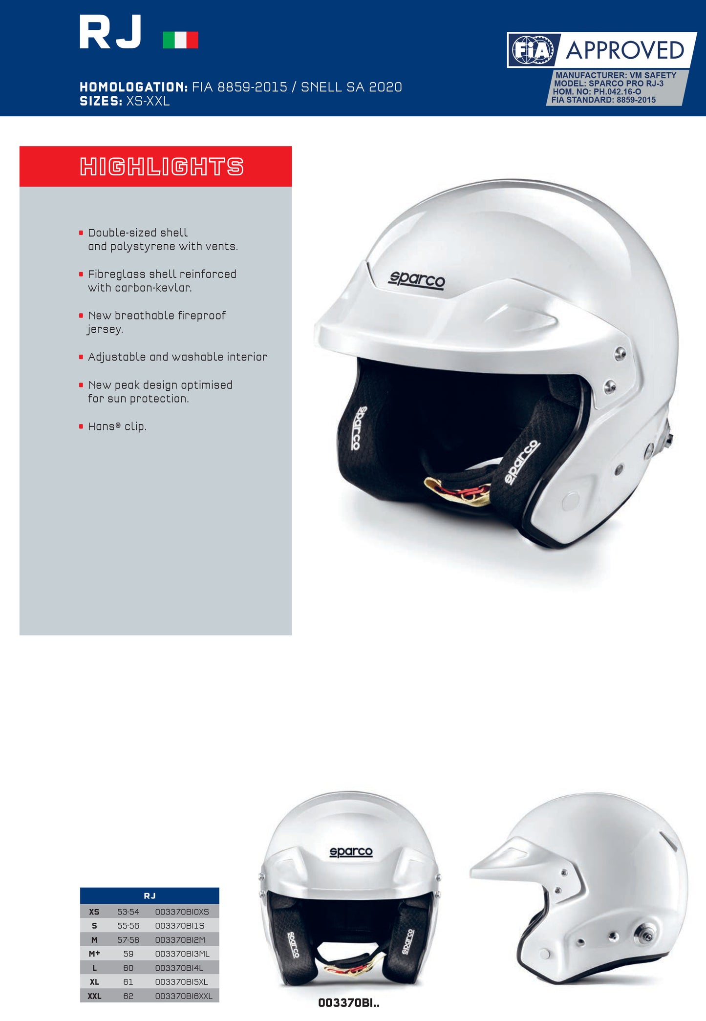 003370 Sparco RJ Helmet Open Face Race Rally HANS FIA SNELL Approved XS-XXL