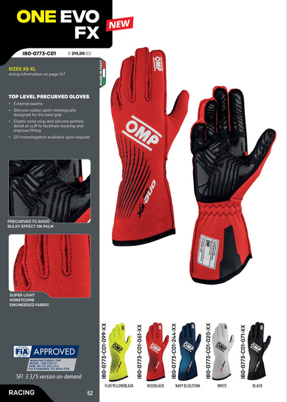 IB0-0773 OMP ONE EVO FX Racing Driver Gloves Fireproof FIA 8856-2018 Race Rally
