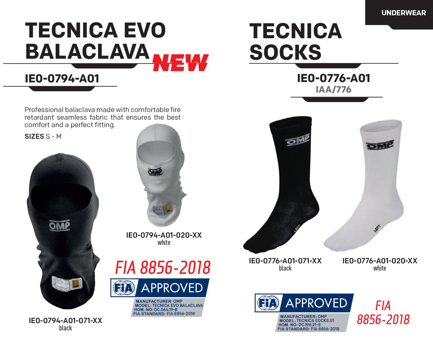 OMP Tecnica Evo Balaclava Fireproof Underwear Race Rally FIA 8856-2018 Approved