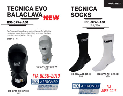 OMP Tecnica Evo Balaclava Fireproof Underwear Race Rally FIA 8856-2018 Approved