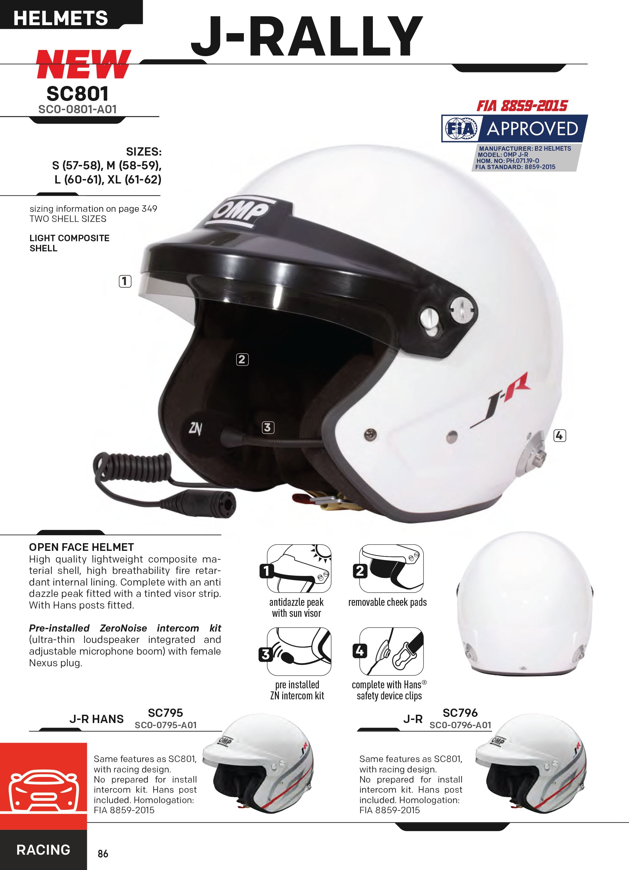 OMP J Rally Helmet Open Face Type White Hans FIA 8859 2015 Race Rally Motorsport
